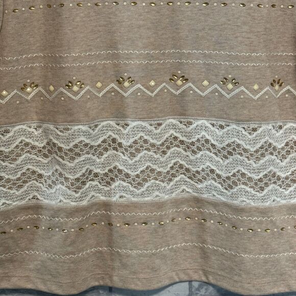 Alfred Dunner Blouse Womens L Tan White Scoop Neck Lace Embellished Long Sleeve - Picture 5 of 15